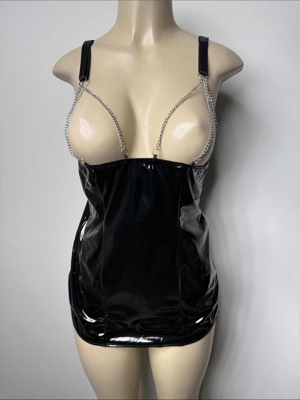 Black Vinyl Chain-Accent Mini Dress